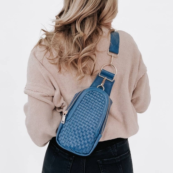 Pretty Simple Handbags - Pretty Simple Women's Waverly Navy Woven Vegan Leather Sling Crossbody Bag